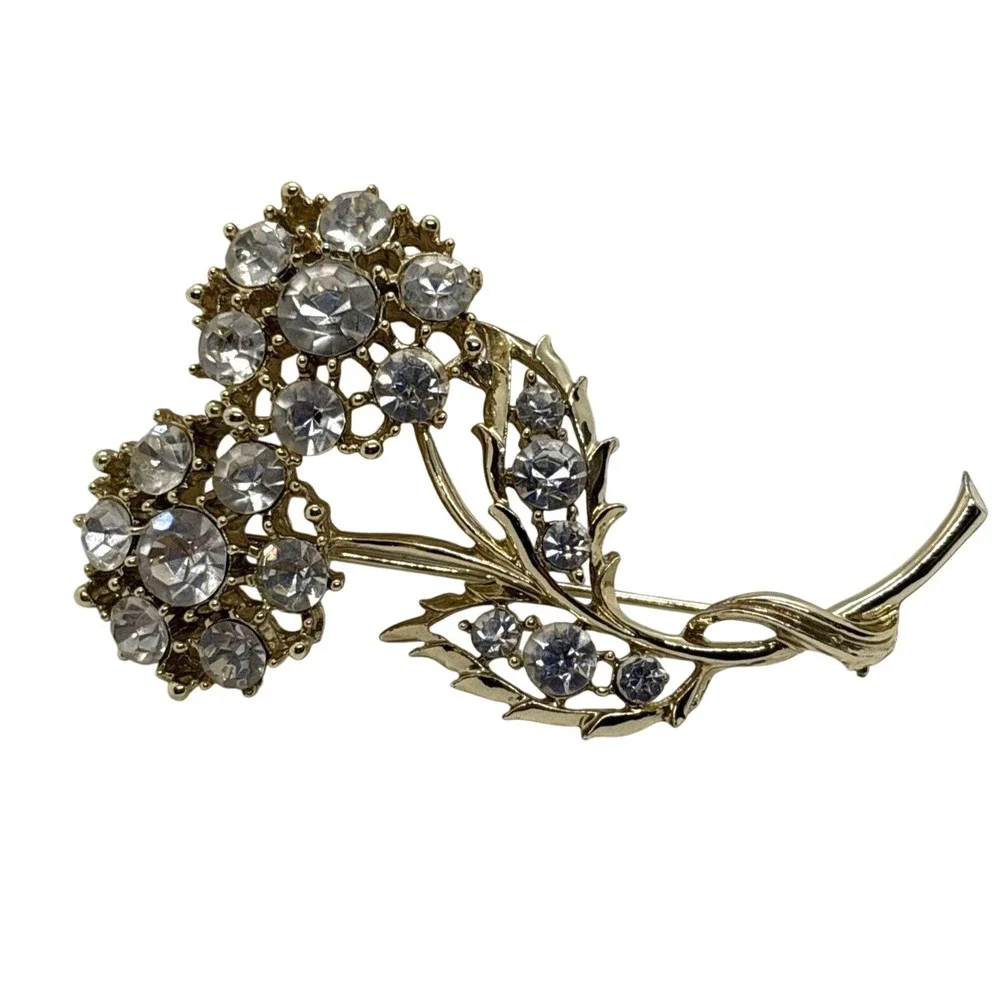 Vintage Flower Floral Gold Tone Clear Rhinestone‎ Pin Brooch Nature 70s Style